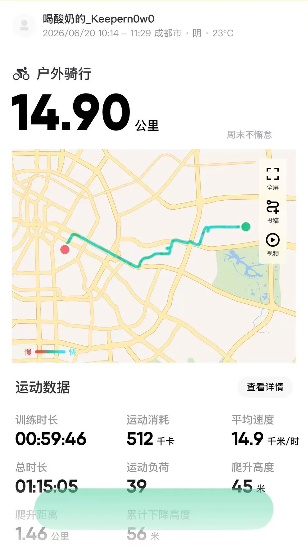 6 月 20 日骑行记录，14.90 公里，成都阴天 23 度。