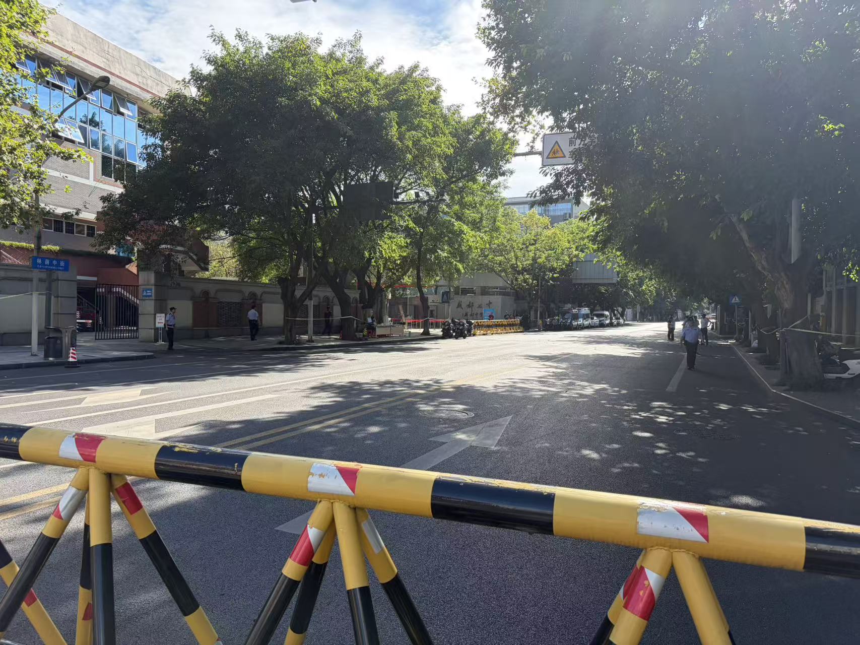 阳光下被临时隔开的街道,树影落在路面上。